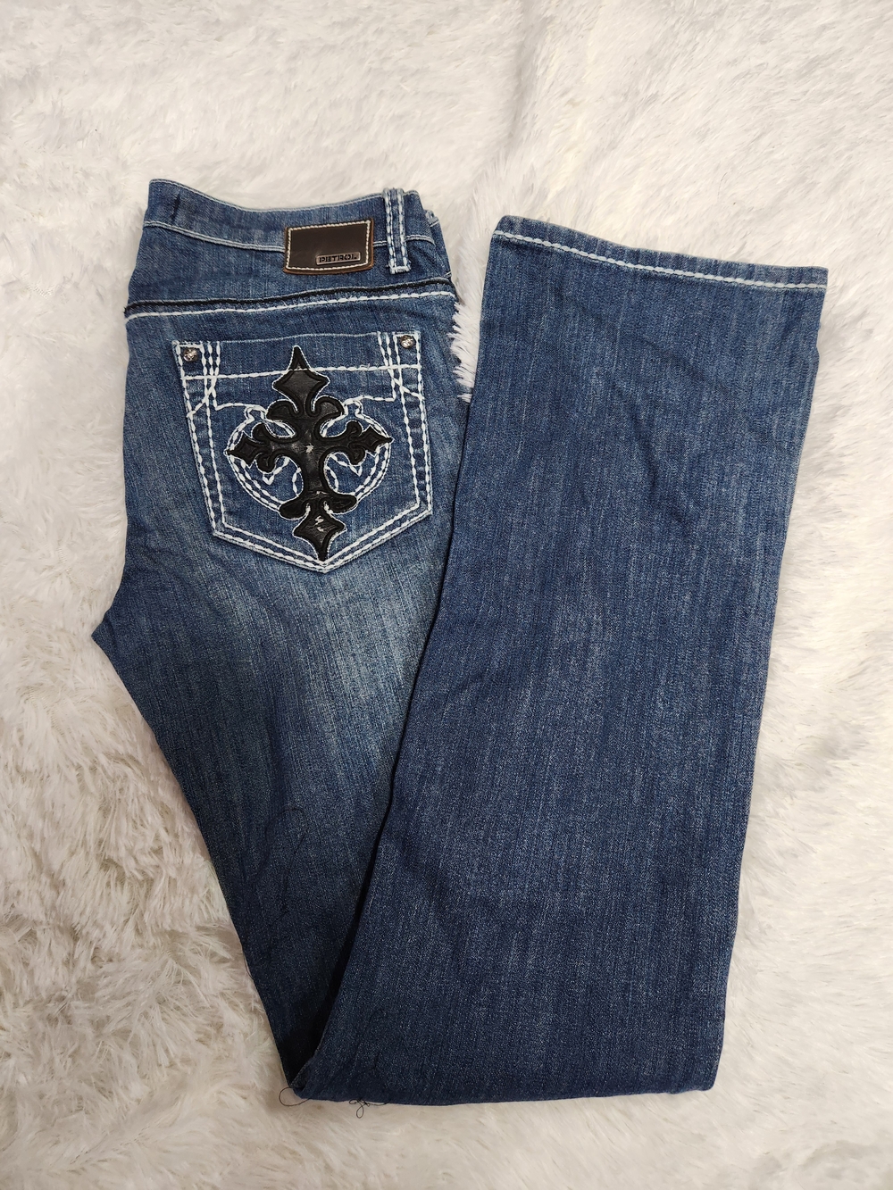 Petrol Dark Blue Boot Cut Jeans with Embroidered Back Pocket